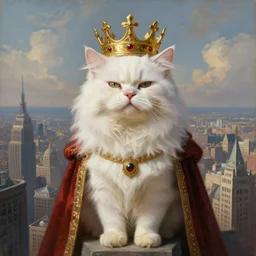 a fantasy portrait painting of an anthropomorphic white persian!!!! cat dressed, eyes slightly closed, as a renaissance king with crown! in head, standing on a skyscraper overlooking a vast city, centered, cinematic, beautiful lighting, dramatic