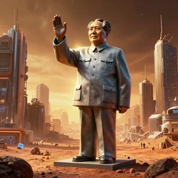 a photo of mao zedong's sculpture in cyberfunkcity on mars a made of resin by joe johnston and nilo rodis, highly detailed, dramatic lighting, radiant light, detailed and intricate environment, wide angle, cinematic lighting