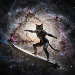 A catgirl surfing through the magnificent nebula