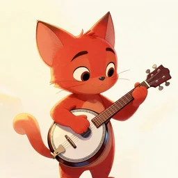 dreamworks, disney, a red little cat plaing banjo, golden hour, digital art, watercolours, face study, concept art