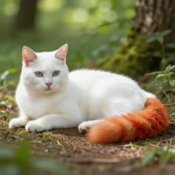 white cat with red fox tail laying at sunny forest, smooth, hdr, realism