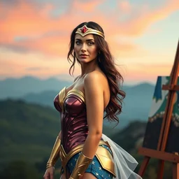 gal gadot, stands at a her easel, dressed as wonder woman, paints beautiful landscape art, soft focus, long exposure