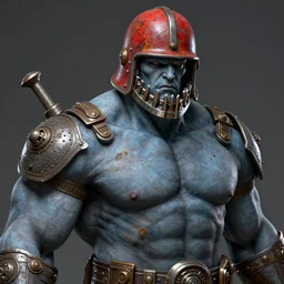 solid thick super muscly male portrait, rusty red helmet, large metal jaw, pale blue skin, ultra realistic, intricate details, looper artifacts, highly detailed by peter mohrbacher, allen williams, hajime sorayama, wayne barlowe, boris vallejo, aaron horkey, gaston bussiere, craig mullins