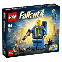 fallout 4 lego kit box art, lego model, a vault jumpsuit, wearing lego minifigure. pr shots. f 1. 4