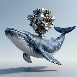 digital art of hybrid with head!!!!! as v 8 engine!!!!! and body as cachalot whale, head!!!! as v 8 engine!!!!, head!!!! as v 8 engine!!!!, full - body, wide angle, cyberpunk style