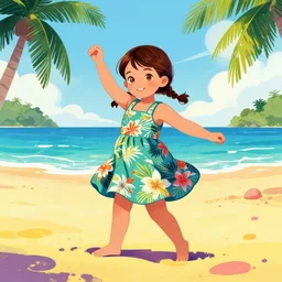 a cute five - year - old girl with honey brown eyes and hair in a braid, wearing a hawaiian dress, dancing on a tropical beach, portrait, wide shot, midday light, bright colors, illustration, pop art, splash painting, graphic novel, art by geof darrow, ashley wood, alphonse mucha