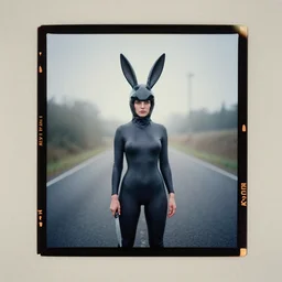 kodak portra 4 0 0, wetplate, flashlight, 8 5 mm carl zeiss, blueberry, award - winning colour portrait by britt marling : a sunlit picture of a woman in a spandex rabbit suit holding a knife on a road, unsetling, quadratic picture frames, haze, wallpaper, fog, no people