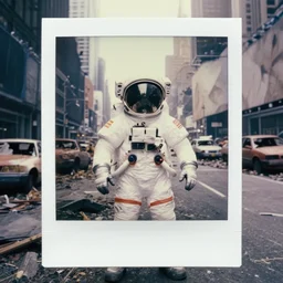 american white spacesuit astronaut with oversized helmet in postapocalyptic abandoned destroyed times square, wrecked buildings, destroyed flipped wrecked cars, giant crater in distance, polaroid photo, vintage, neutral dull colors, soft lights, foggy, overcast by oleg oprisco, by thomas peschak, by discovery channel, by victor enrich, by gregory crewdson