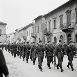 occupying army marching through italian - style city, 1 9 0 5, black and white photography