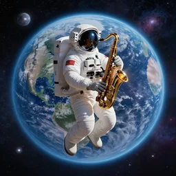 craig mullins and ghibli digital illustration of an astronaut floating in the middle of the cosmos playing the saxophone!!! doing jazz!!! improvisation!!!, full body!!!, strong contrast, earth, galaxies, ethereal, inviting, bright, unreal engine, hyper realism, realistic shading, cinematic composition, wide shot