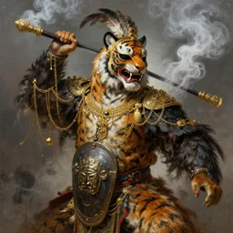 masterful fantastic realist painting an exotic ancient feathered and bejeweled bird wearing an exquisitely painted bugaku mask of a tiger, gold chains strung like tinsel, viciously blinded, bugaku tiger cosplay, shield and sword, swinging holy censors with thick smoke,, digital painting trending on artstation, volumetric lighting and mist, 3 / 4 portrait painting, hyper