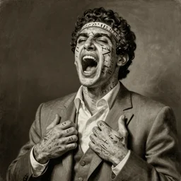 photorealistic sepia painting of a male in a grey suit, nabatean aramaic tattoos on his screaming face and hands, his skin beginning to peel away, by richard corben, atmospheric lighting, brooding, painted, intricate, ultra detailed, well composed, best on artstation, cgsociety, epic, stunning, gorgeous, intricate detail, much wow, masterpiece, cinematic aesthetic octane render, 8 k hd resolution,