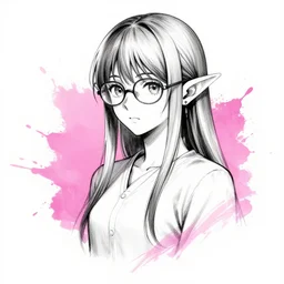 anime illustration of an elf, ink, pink paint splash, girl with glasses, 4 k concept art, artstation