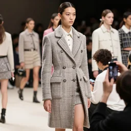 fashion collection design by patrick nagel for chanel photorealistic, ultra detailed, fashion show lighting, behind the scenes of a fashion show