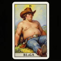 an ethereal tarot card painting of a shirtless handsome goofy cowboy with a chubby build and belly | recumbent | background is a serene campfire | tin cans and jugs of whisky | tarot card, art deco, art nouveau | by Mark Maggiori  | trending on artstation