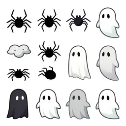 game asset sheet, 2 d sprite, folktale ghosts and spiders