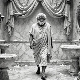 movie still of socrates walking in an ancient rome marble bathroom with drapery cover with snow, cinestill 8 0 0 t 3 5 mm b & w, by djibril diop mambety, very heavy grain, high quality, high detail, very low angle