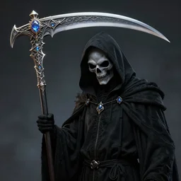 grim reaper holding a fantast jewel encrusted scythe, highly detailed, 4k, HDR, smooth, sharp focus, hyper realistic, high resolution