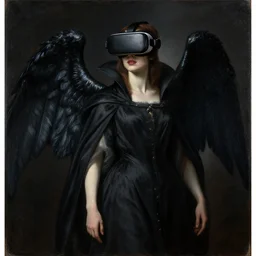 a renaissance style portrait painting of raven winged female vampire, wearing a VR helmet and cape, dark background