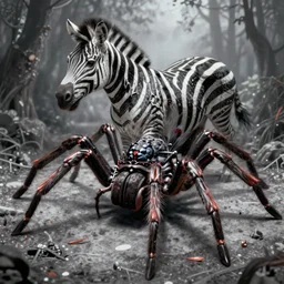 high quality digital art Spider and zebra chimera, detailed, scary, in the style of beksinski