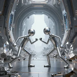 2 stickman figures, battle each other, metalic silver, stones, crystal, wide view, portal to a futuristic scifi cyberpunk world, extremely detailed, sharp focus, wide view, full body shot, smooth, digital illustration, by, james jean, by rossdraws, frank franzzeta, sakimichan, mcbess, aphonse mucha
