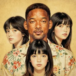 will smith portrait by ikenaga yasunari and ayana otake and ko rakusui, 6 0 s poster, drawing, realistic, sharp focus, japanese, dreamy, nostalgia, faded, golden hues, floral clothes, porcelain skin ”