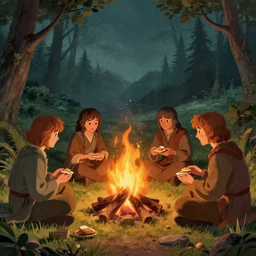 illustration of the fellowship of the ring making s'mores around a campfire