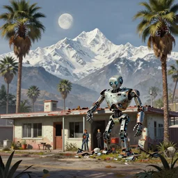 broken robot | abandoned motel | palm trees | snowy mountains | moon in sky, painting by syd mead and weta studio and moebius and james jean and frank frazetta, gta san - andreas game screenshot, highly detailed, rule of third, soft lighting, architectural magazine, insanely intricate details, artstation trending, hypermaximalistic, high details, cinematic