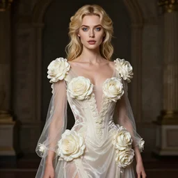 neoclassical hyperrealistic mid shot portrait of a blonde high detail blue eyes woman with a beautiful body dressed with a majestic semi transparent silk cream roses long dress, ornate, intricate, detailed, dramatic light, award winning, artstation, octane render, meredit frampton style