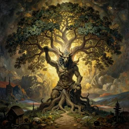 an ancient creature, by asaf hanuka, by caspar david friedrich, by zdzisław beksinski, chinese art, soviet art, dichromatism, full frame, divine, powerful, accent lighting, on path to enlightenment, tree of life