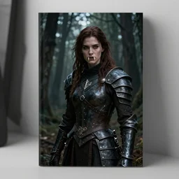 dramatic dark forest scenery, girl with fangs in hide leather armor, book-cover