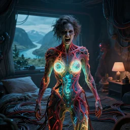 rage!!!, rgb, glowing, woman, cinematic, movie scene, inspired by zdzislaw beksinski, new zealand landscape, clothes made out of veins,, cables everywhere, bedroom, ultra realistic, concept art, intricate details, highly detailed, photorealistic, octane render, 8 k