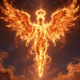 angelic fiery male seraphim, male humanoid figure made of fire, wings of fire, halo of fire, body of pure fire, surrounded by flames, descending from the heavens, highly detailed, cinematic, dramatic, sublime, wide angle