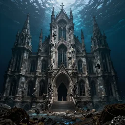 lovecraftian underwater city that a monster hides in, abandoned, dark, underwater, Gothic architecture, Renaissance