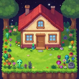 a house with a garden in front of it, the garden is full of alien flowers and plants, from a space themed Serria point and click 2D graphic adventure game, high quality graphics