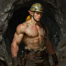 picture of male miner young elf outside gold mine's entrance, burly, work clothes, security helmet, light skin, dark yellowhair, ponytail, sweat, dirty clothes, high fantasy, highly detailed, detailed faces, smooth, sharp focus, chiaroscuro, dnd, digital painting, concept art, rossdraws and moebius and jon mcnaughton