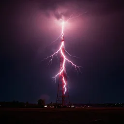 a thousand red lightning bolts hit the TV tower in the middle of the field, night, 1998 photo