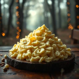5 5 mm photo of a pile of freshly mashed potatoes on a wooden table in a magical forest. dof. bokeh. magical atmosphere. art by greg rutkowski. highly detailed 8 k. intricate. lifelike. soft light. nikon d 8 5 0.