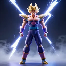 photorealistic full shot of Broly at moonlight, lightning bolt, by Akira Toriyama, high detail, unreal engine 4k volumetric light, fog,