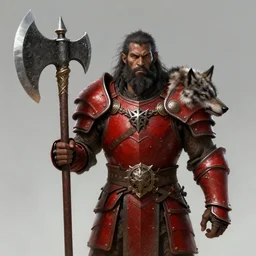 Barbarian, male, dark skin, unkempt hair and beard, fully plated red armor, wolf pelt head, Giant Axe, D&D, epic fantasy, peace, duality, intrincate, symmetry, by Joseph Christian Leyendecker, by donato giancola, by hirohiko araki, trending on artstation, artstationHD, artstationHQ, no extra characters, no extra limbs