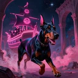 spase doberman running close - up with neon mohawks, dogs, space, dark, stars, pink, oil painting, pirate neon ship with punks on board, neon, rich deep colors masterpiece, ultra detailed, contrast, lots of roman arches, clouds, sky, volumetric light, atmospheric lighting, dramatic, cinematic, moody, octane render 4 k, 8 k