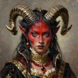 painted close - up portrait of a attractive red - skinned intimidating demon girl with ram horns! oil painting, wearing a noblewoman's outfit, fantasy art by john singer sargent and gaston bussiere and james jean, demon noble character design, hd