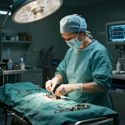 an environmental concept art of a babushka surgeon in a cluttered mechanics workshop, surgical impliments, surgery table, highly detailed, cinematic, dramatic, cyberpunk