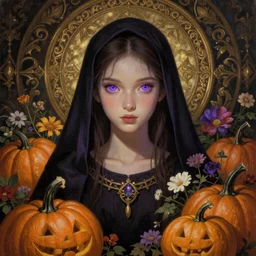 breathtaking detailed concept art painting of a young witch, orthodox saint, with piercing purple eyes, ornate background, amalgamation of pumpkins and flowers, by Hsiao-Ron Cheng, James jean, Miho Hirano, Hayao Miyazaki, extremely moody lighting, 8K