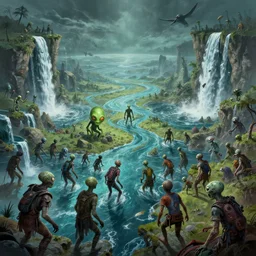 Planet invasion of alien zombies, ressistance of the last warriors, overgrown, sea, rivers, waterfalls, Greg Rutkowski, Darek Zabrocki, Karlkka, Jayison Devadas, Phuoc Quan, trending on Artstation, 8K, ultra wide angle, pincushion lens effect
