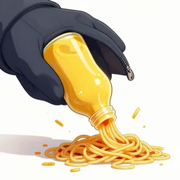 a bottle of mustard tripping over spaghetti falling out of its jacket, anime style, anthropomorphic objects, japanese art style, inspired by JoJo