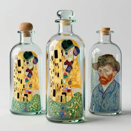The Pyre Bottle by Karol Bak, Jean Deville, Gustav Klimt, and Vincent Van Gogh, otherworldly, fractal structures, arcane, glass bottles within glass bottles, fire on a bottle, inferno, inscribed runes, ornate gilded medieval icon, third eye, spirals