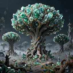 a beautiful highly detailed matte painting of an alien planet with giant dead and intricate trees with crystals made of jade in a desolate forest, dark moody lighting, foggy atmosphere, 20mm lens, bright colors, by Craig Mullins and Denis Villeneuve, octane rendering