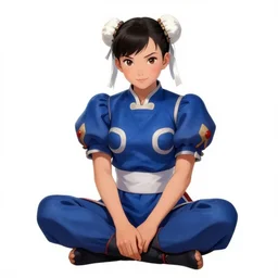 Chun li, sitting cross-legged, white background portrait by Ilya Kuvshinov