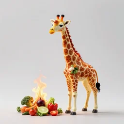 burning giraffe made of vegetables, on fire, vegetables, 4 k photograph, detailed